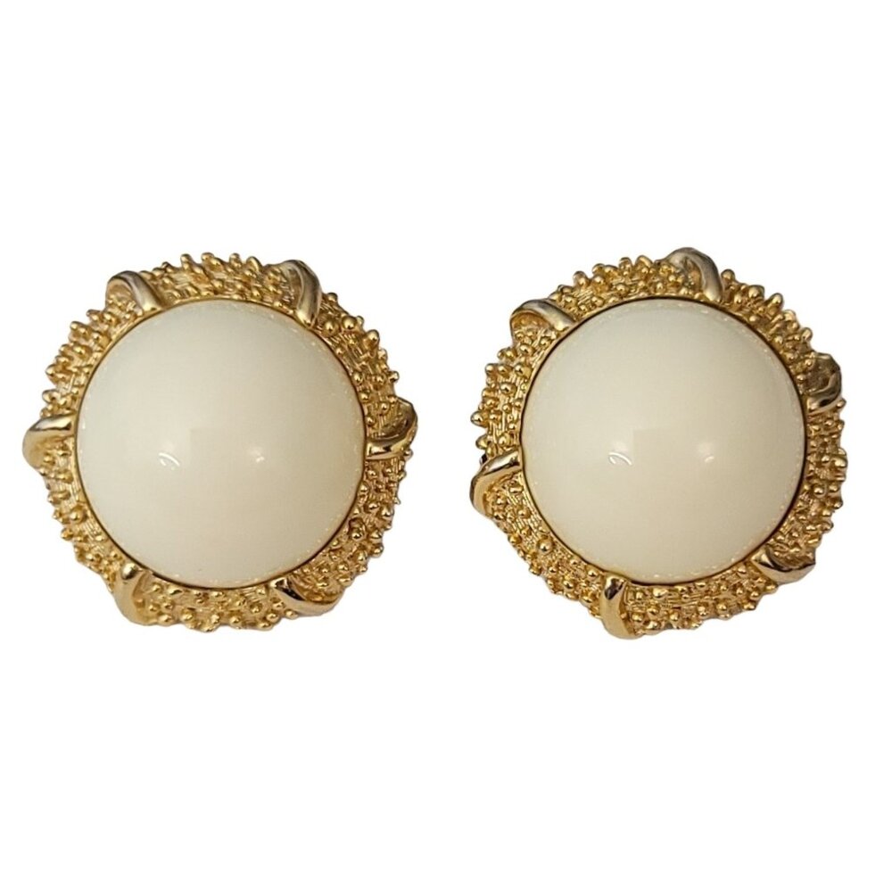 Trifari Crown Over T Gold Tone Round Cream Domed Button Clip On Earrings, Signed
